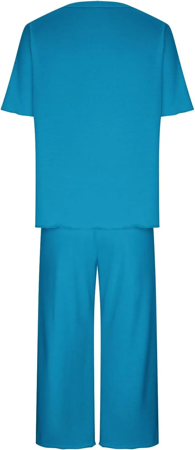 Summer Pajamas Sets for Women 2025 Casual Short Sleeve Tops Cropped Pants with Pocket Capri Comfy Breathable Pj Set