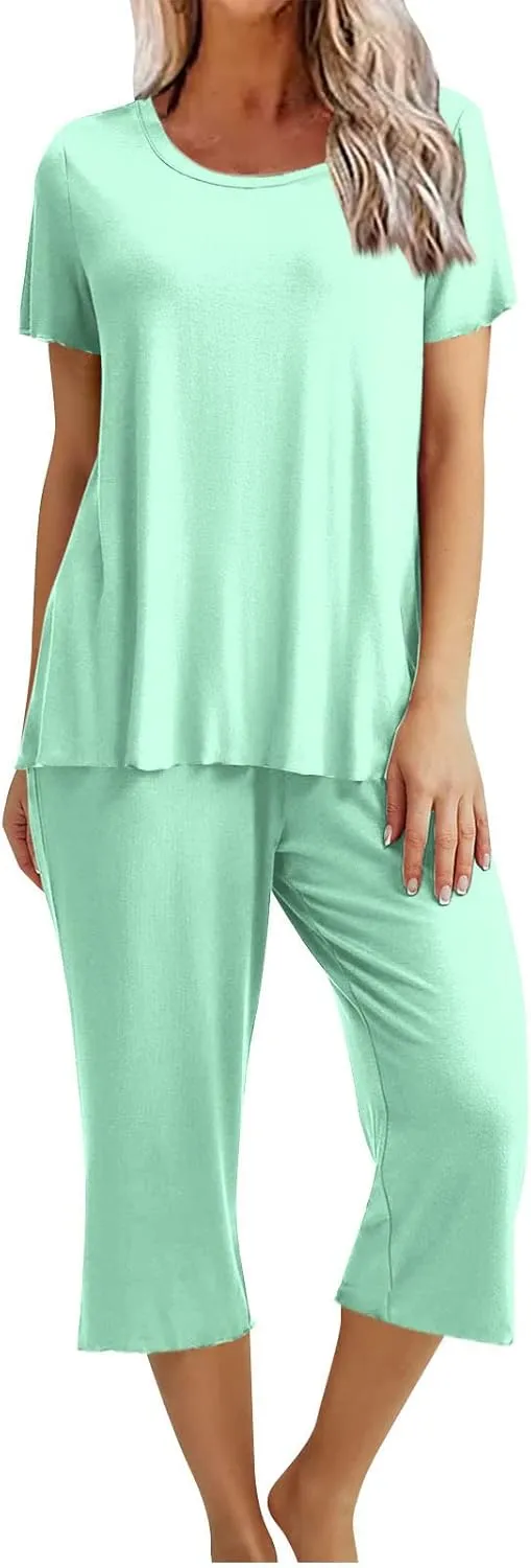 Summer Pajamas Sets for Women 2025 Casual Short Sleeve Tops Cropped Pants with Pocket Capri Comfy Breathable Pj Set
