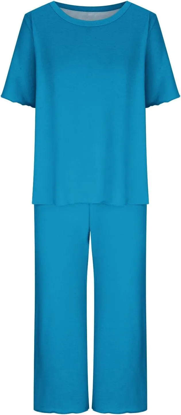 Summer Pajamas Sets for Women 2025 Casual Short Sleeve Tops Cropped Pants with Pocket Capri Comfy Breathable Pj Set