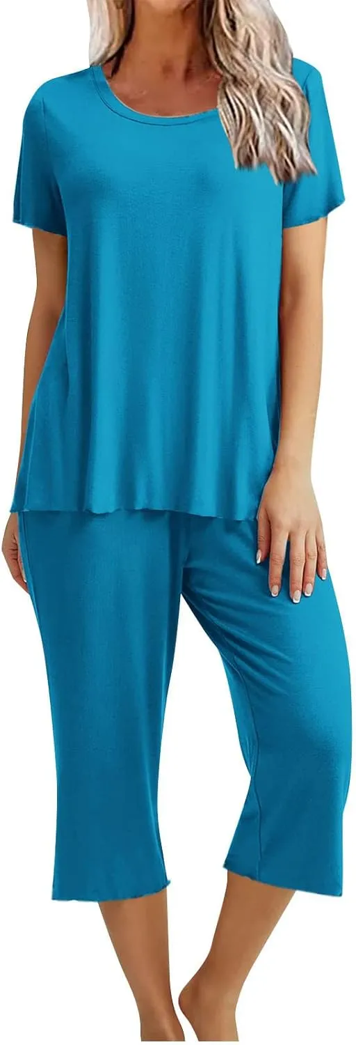 Summer Pajamas Sets for Women 2025 Casual Short Sleeve Tops Cropped Pants with Pocket Capri Comfy Breathable Pj Set