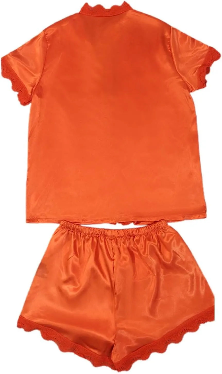 Summer Satin Pajama Set for Women 2 Piece Satin Pjs Soft Short Sleeve Button Down Sleepwear Top and Shorts Loungewear