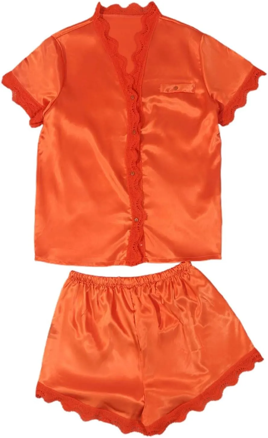 Summer Satin Pajama Set for Women 2 Piece Satin Pjs Soft Short Sleeve Button Down Sleepwear Top and Shorts Loungewear