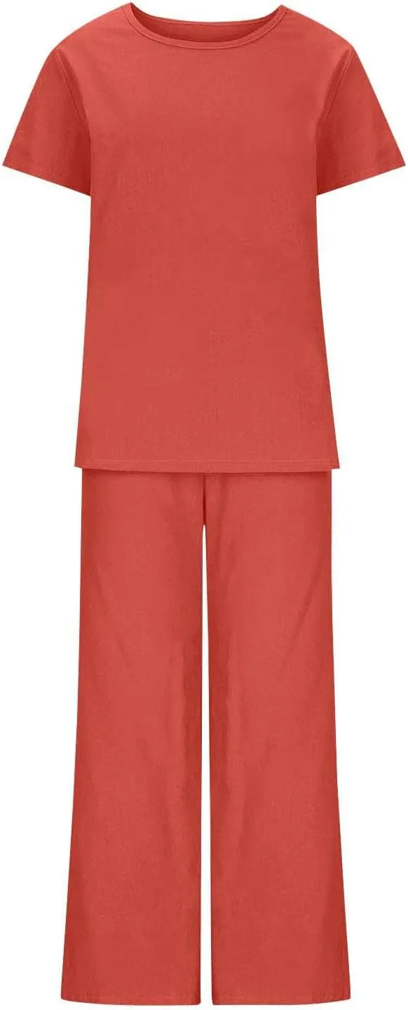 Summer Sets for Women 2 Piece Outfits 2025 Fashion Matching Set Lounge Short Sleeve Tops Wide Leg Pants for Vacation