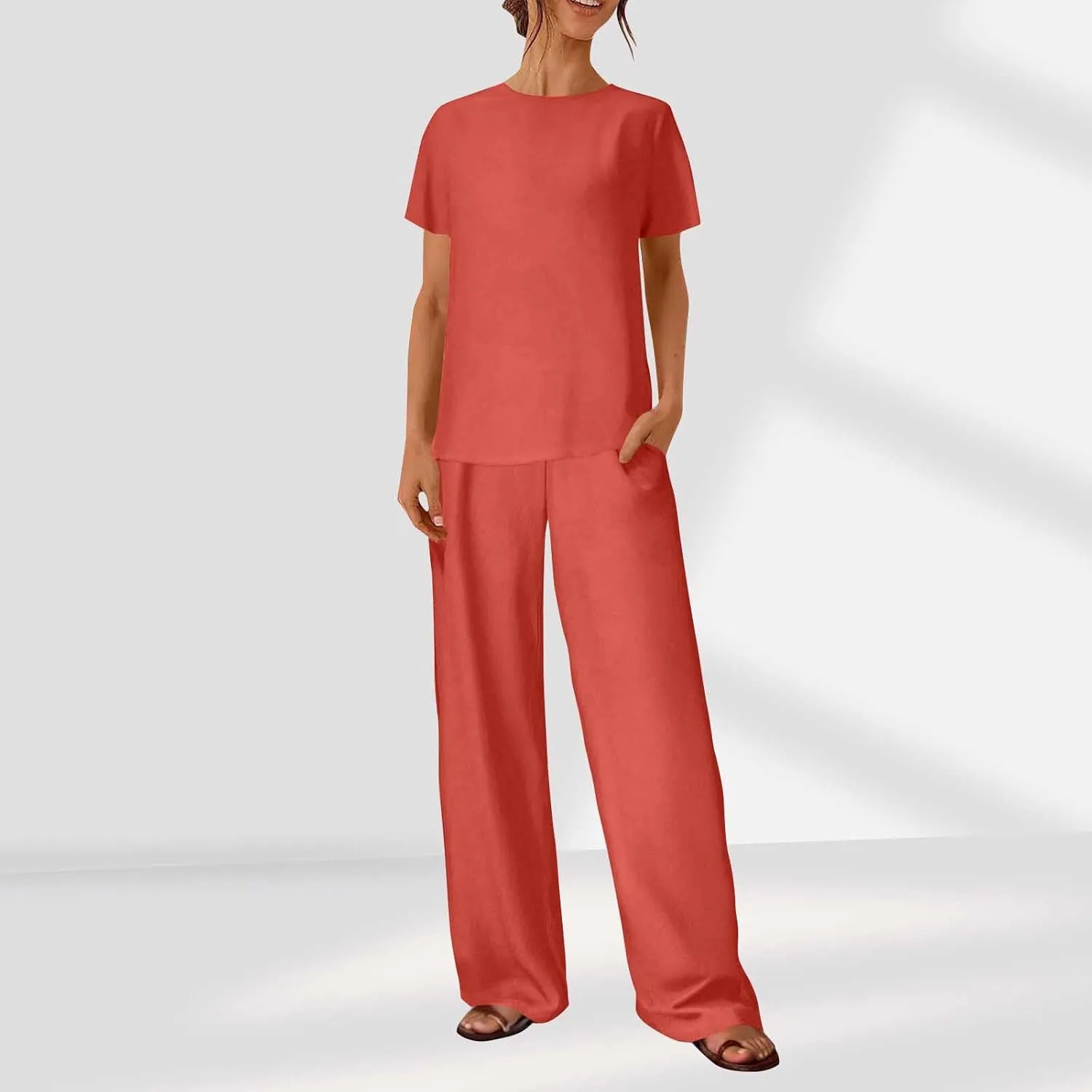 Summer Sets for Women 2 Piece Outfits 2025 Fashion Matching Set Lounge Short Sleeve Tops Wide Leg Pants for Vacation