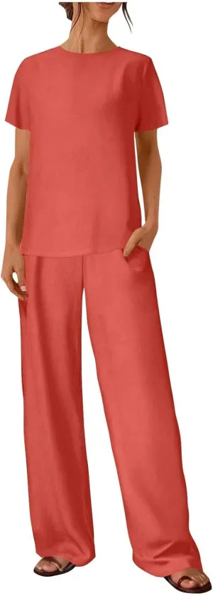 Summer Sets for Women 2 Piece Outfits 2025 Fashion Matching Set Lounge Short Sleeve Tops Wide Leg Pants for Vacation