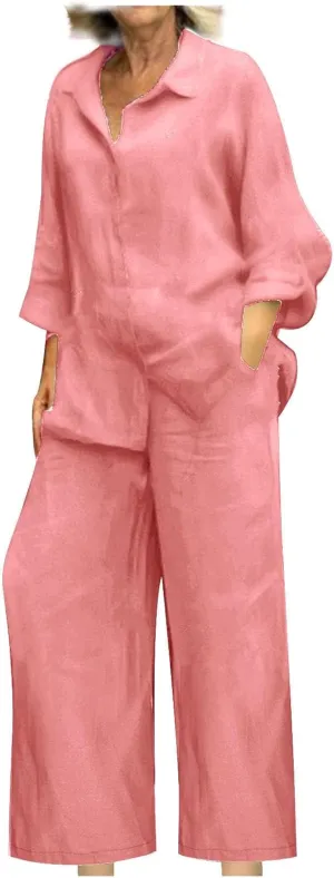 Summer Sets for Women 2025 Linen Outfits Long Sleeve Shirts Blouse Wide Leg Trousers Business Causal Matching Set