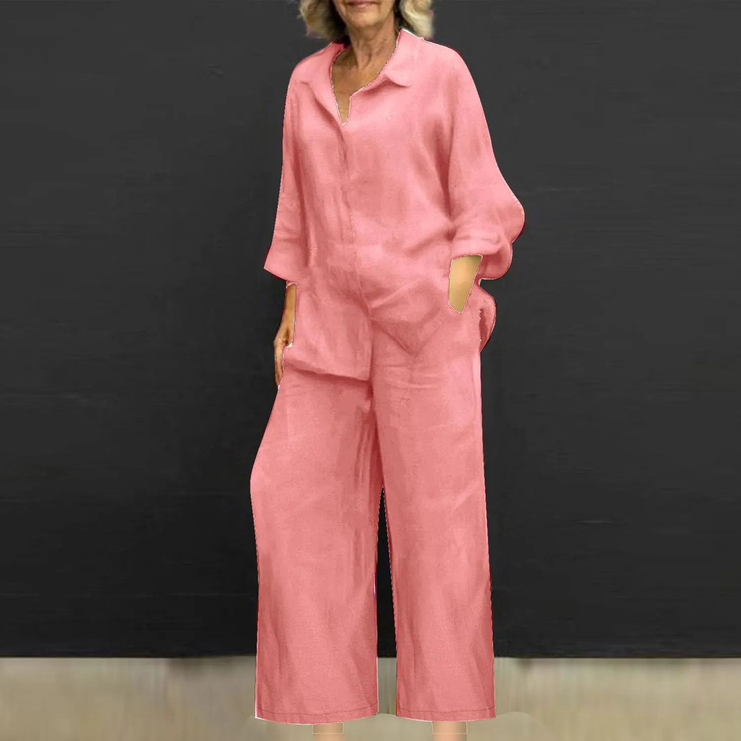 Summer Sets for Women 2025 Linen Outfits Long Sleeve Shirts Blouse Wide Leg Trousers Business Causal Matching Set
