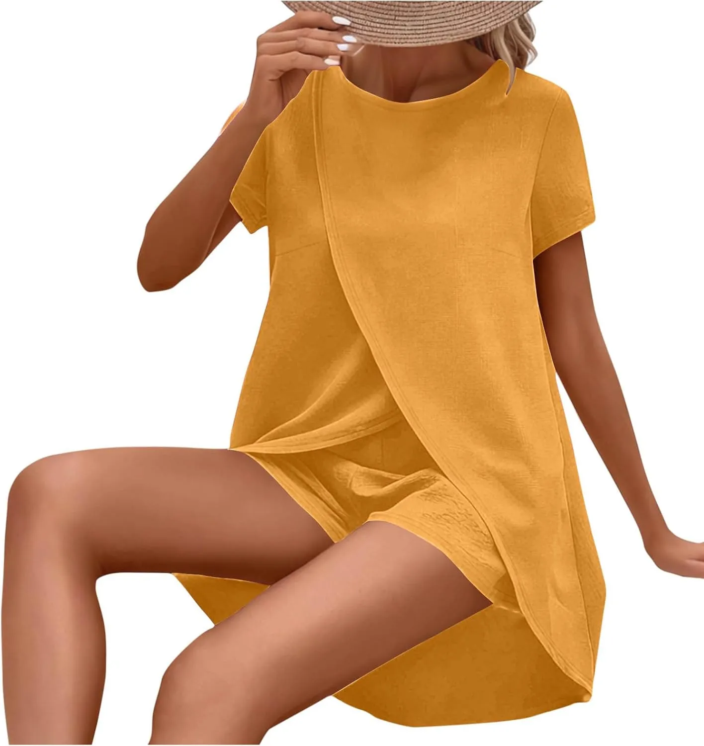 Summer Sets for Women Short Sleeve Crossover Hem Tunic Top Classic Cozy Shorts Outfits Two Piece Irregular Tracksuit