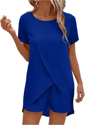 Summer Sets for Women Short Sleeve Crossover Hem Tunic Top Classic Cozy Shorts Outfits Two Piece Irregular Tracksuit