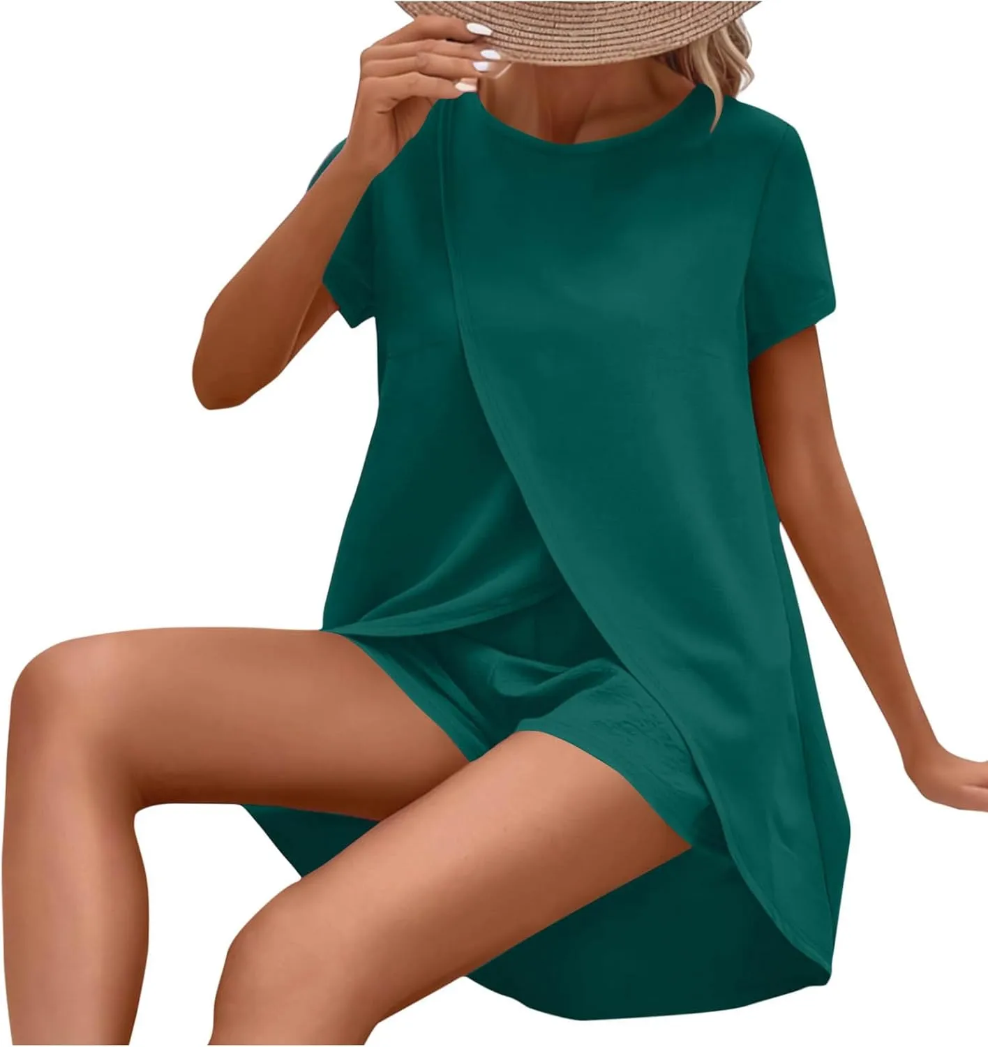 Summer Sets for Women Short Sleeve Crossover Hem Tunic Top Classic Cozy Shorts Outfits Two Piece Irregular Tracksuit