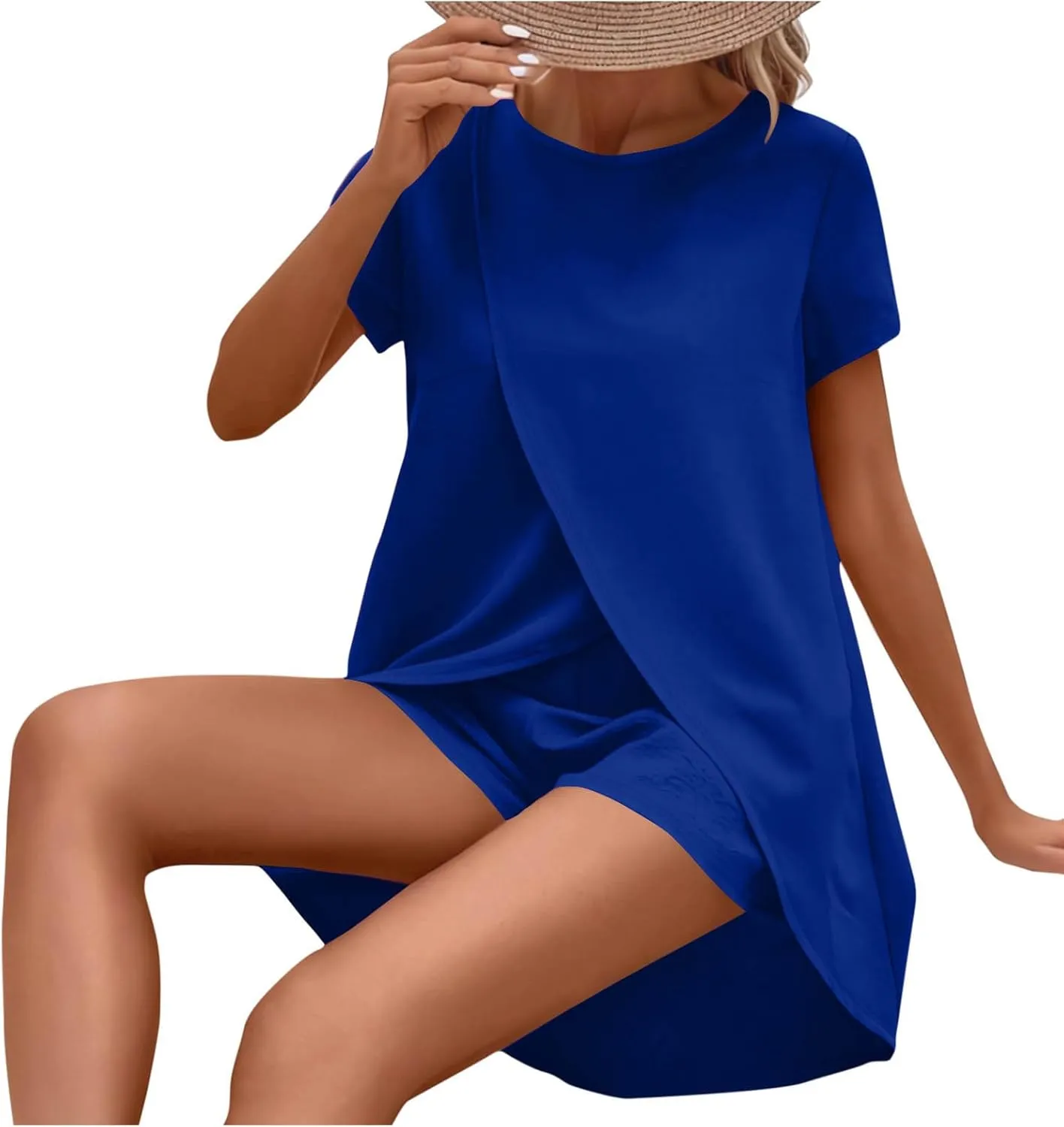 Summer Sets for Women Short Sleeve Crossover Hem Tunic Top Classic Cozy Shorts Outfits Two Piece Irregular Tracksuit