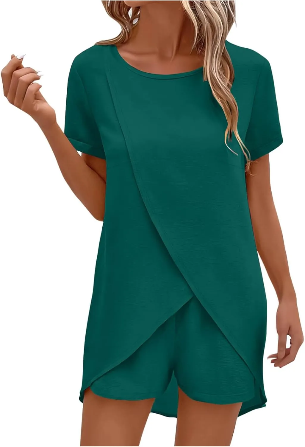 Summer Sets for Women Short Sleeve Crossover Hem Tunic Top Classic Cozy Shorts Outfits Two Piece Irregular Tracksuit