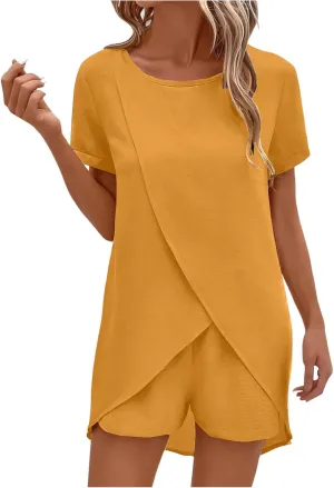 Summer Sets for Women Short Sleeve Crossover Hem Tunic Top Classic Cozy Shorts Outfits Two Piece Irregular Tracksuit