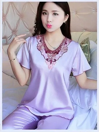 Summer Short Sleeve V-neck Women Pajamas Set Large Size Lace Home Clothes Imitation Silk Nightwear Pants Sleepwear Suit S3200848