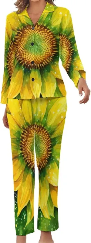 Sunflowers Flowers Womens Pajamas Satin PJ Set Button Down Loungewear Set 2 Piece Lounge Sets