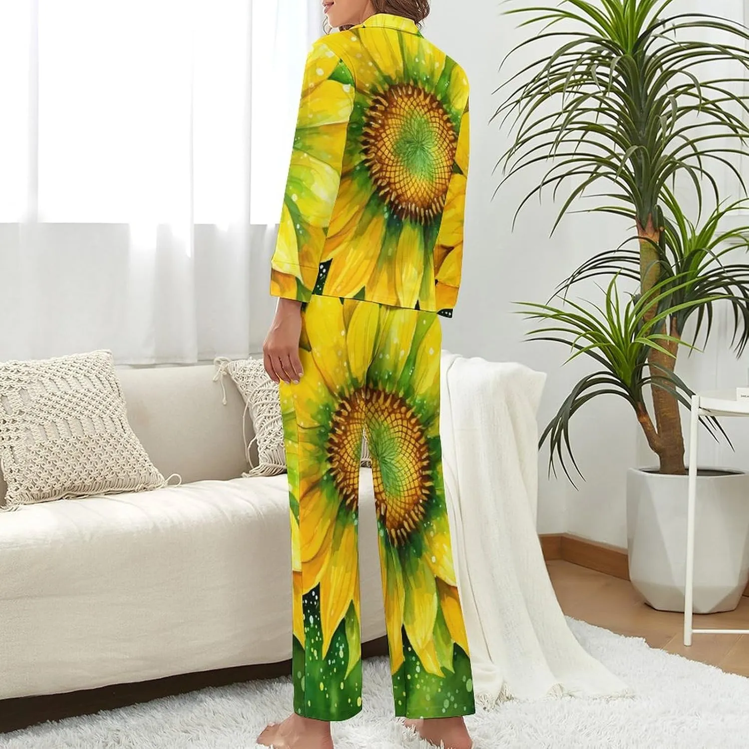 Sunflowers Flowers Womens Pajamas Satin PJ Set Button Down Loungewear Set 2 Piece Lounge Sets