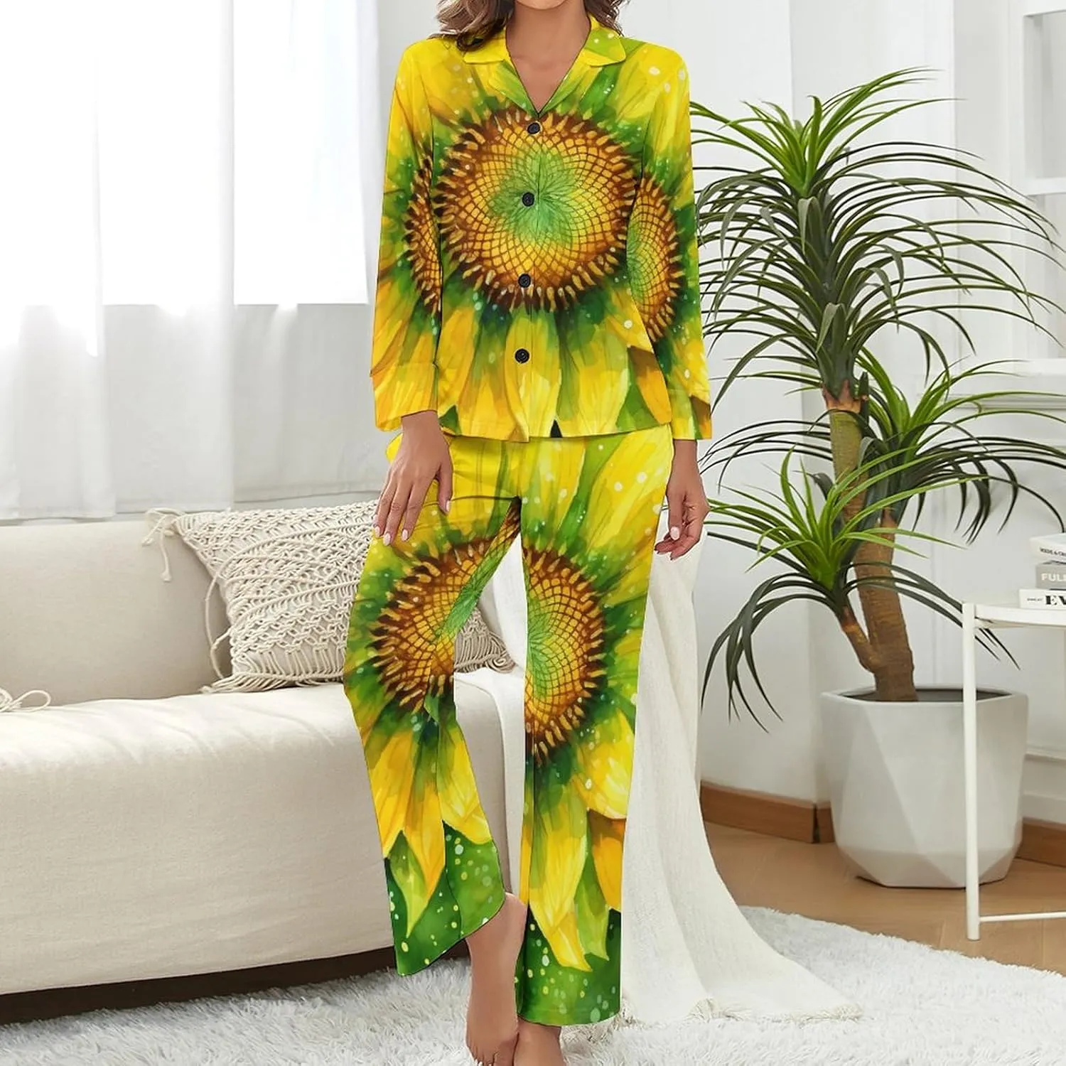 Sunflowers Flowers Womens Pajamas Satin PJ Set Button Down Loungewear Set 2 Piece Lounge Sets