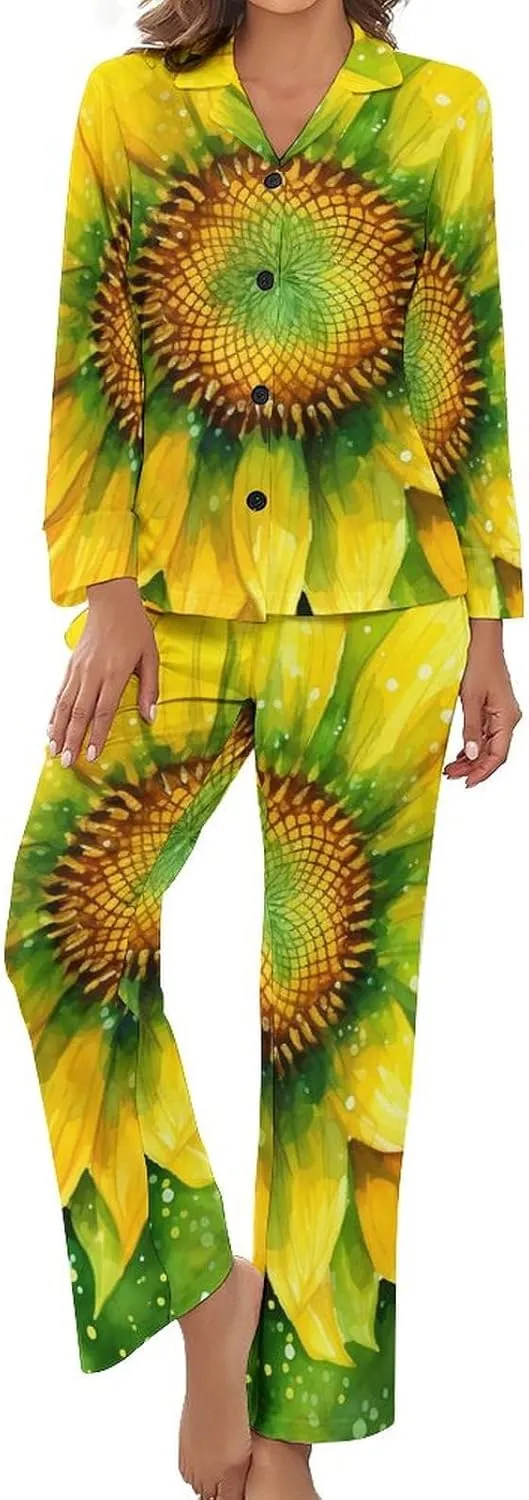 Sunflowers Flowers Womens Pajamas Satin PJ Set Button Down Loungewear Set 2 Piece Lounge Sets