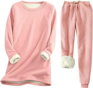 Sunward Women's Sherpa Fleece Lined 2 Piece Set Winter Warm Loungewear Sets Cashmere Soft Pullover Sweatshirt Jogger Pants
