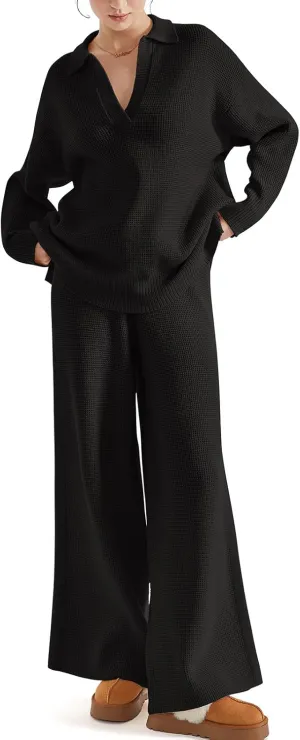 SUUKSESS Women 2 piece Fall outfits Long Sleeve Oversized Matching Lounge Set Waffle Knit Polo Sweater sets (Black,L)