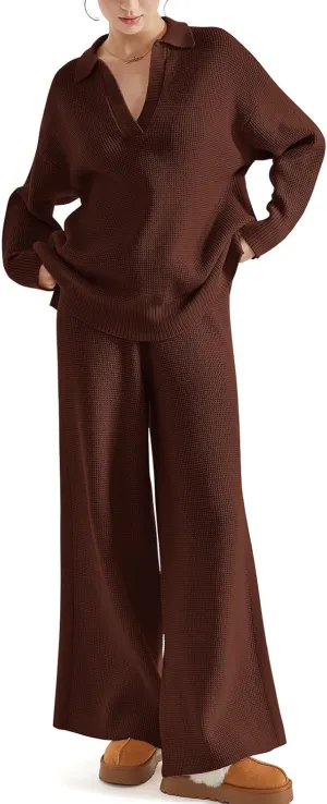 SUUKSESS Women 2 piece Fall outfits Long Sleeve Oversized Matching Lounge Set Waffle Knit Polo Sweater sets (Brown,S)