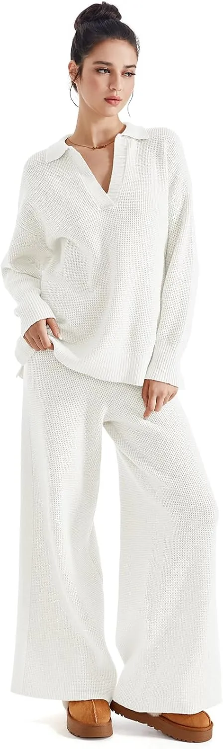 SUUKSESS Women 2 piece Fall outfits Matching Lounge Set Waffle Knit Sweater sets