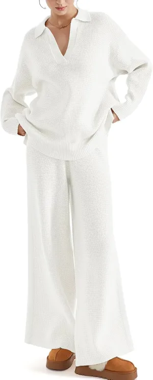 SUUKSESS Women 2 piece Fall outfits Matching Lounge Set Waffle Knit Sweater sets