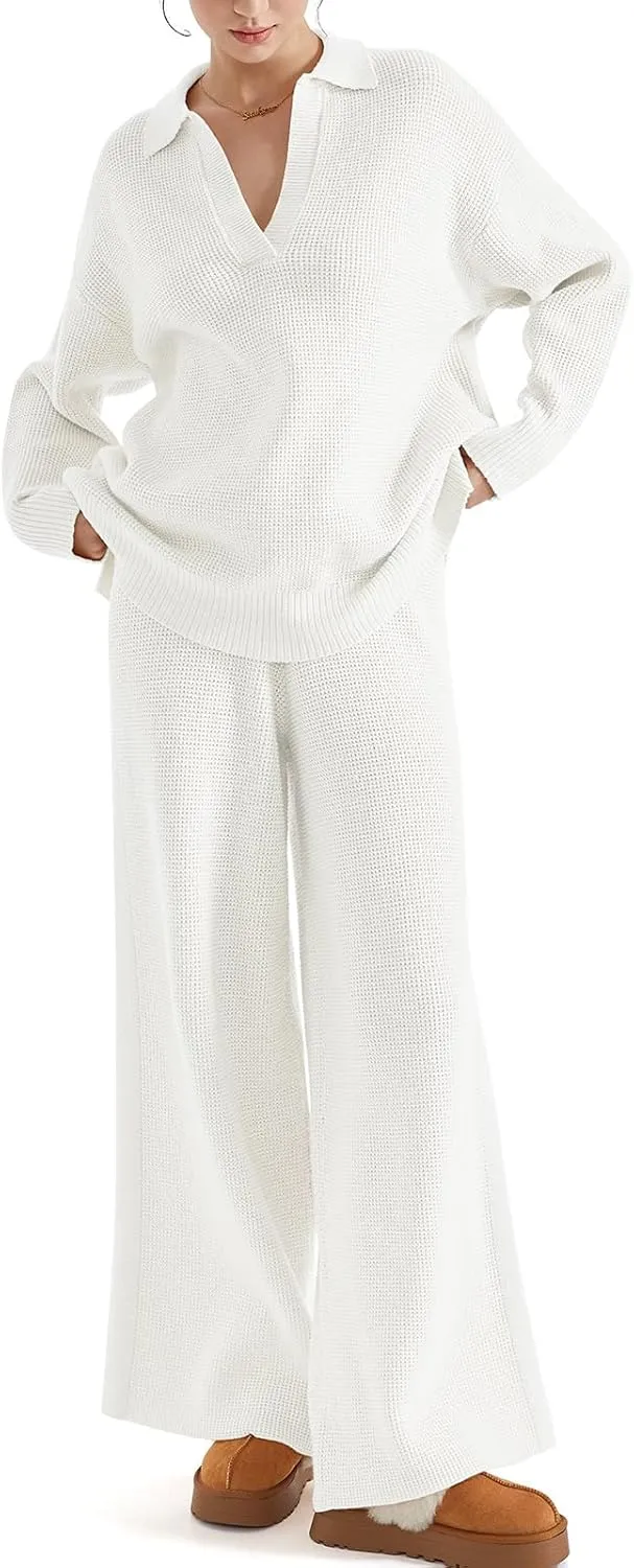 SUUKSESS Women 2 piece Fall outfits Matching Lounge Set Waffle Knit Sweater sets