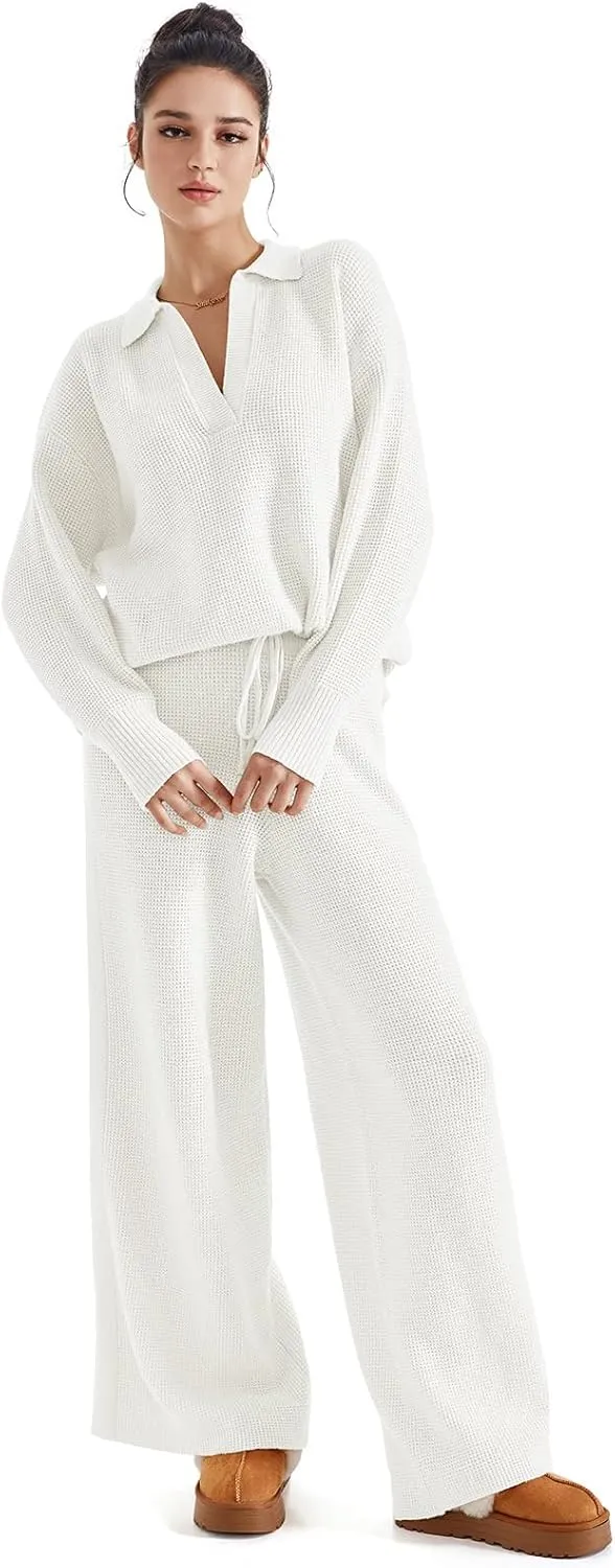 SUUKSESS Women 2 piece Fall outfits Matching Lounge Set Waffle Knit Sweater sets