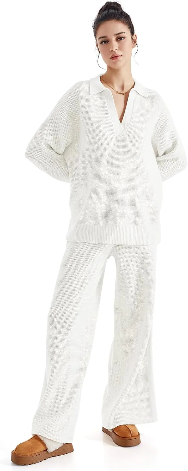 SUUKSESS Women 2 piece Fall outfits Matching Lounge Set Waffle Knit Sweater sets