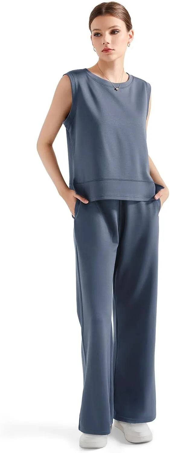 SUUKSESS Women 2 Piece Lounge Matching Sets Wide Leg Sweatpants Sleeveless Tops