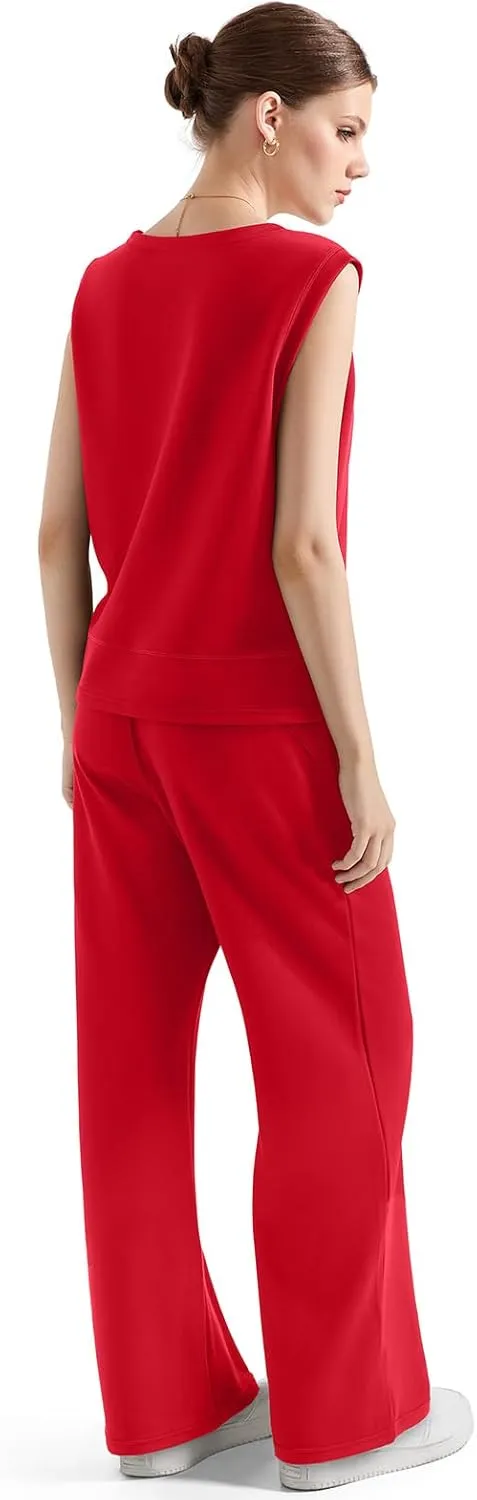 SUUKSESS Women 2 Piece Lounge Matching Sets Wide Leg Sweatpants Sleeveless Tops
