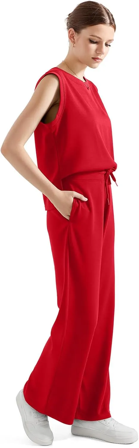 SUUKSESS Women 2 Piece Lounge Matching Sets Wide Leg Sweatpants Sleeveless Tops