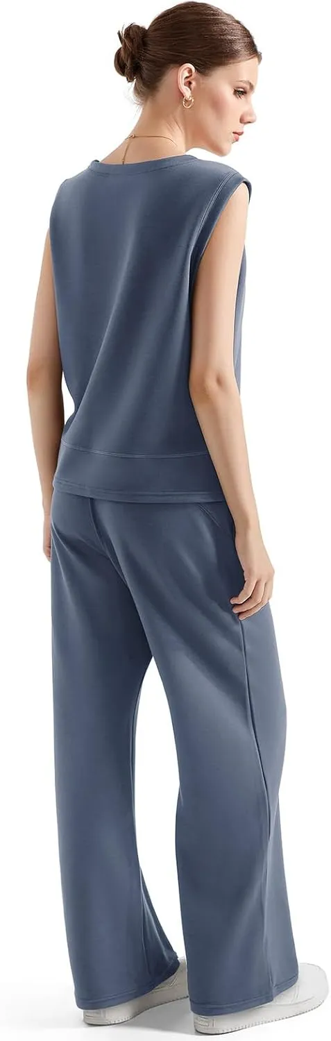 SUUKSESS Women 2 Piece Lounge Matching Sets Wide Leg Sweatpants Sleeveless Tops