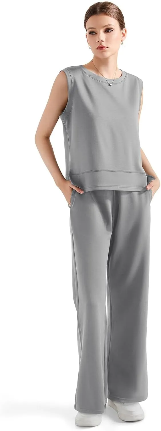 SUUKSESS Women 2 Piece Lounge Matching Sets Wide Leg Sweatpants Sleeveless Tops