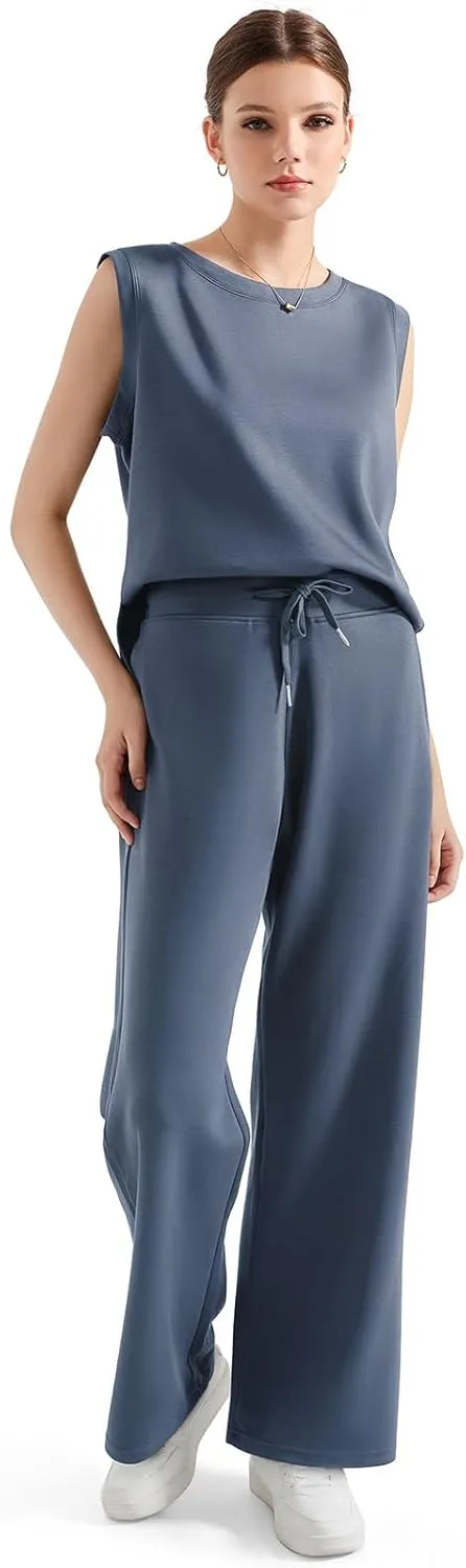 SUUKSESS Women 2 Piece Lounge Matching Sets Wide Leg Sweatpants Sleeveless Tops
