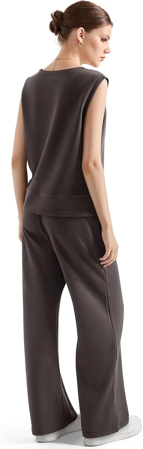 SUUKSESS Women 2 Piece Lounge Matching Sets Wide Leg Sweatpants Sleeveless Tops