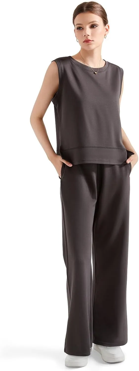 SUUKSESS Women 2 Piece Lounge Matching Sets Wide Leg Sweatpants Sleeveless Tops