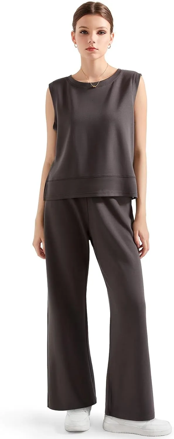 SUUKSESS Women 2 Piece Lounge Matching Sets Wide Leg Sweatpants Sleeveless Tops