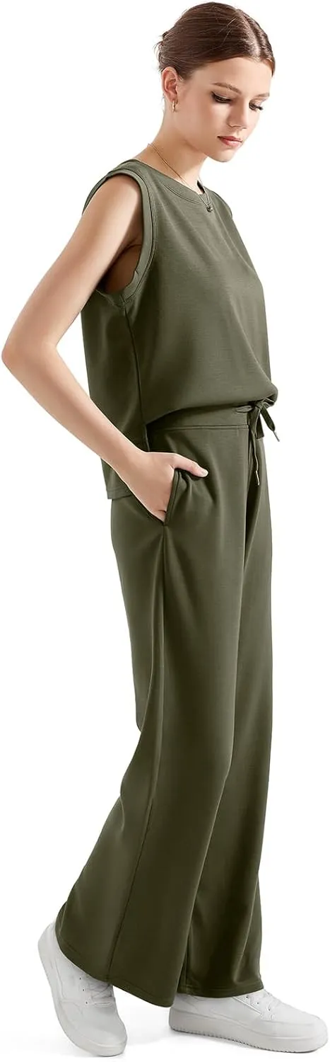 SUUKSESS Women 2 Piece Lounge Matching Sets Wide Leg Sweatpants Sleeveless Tops