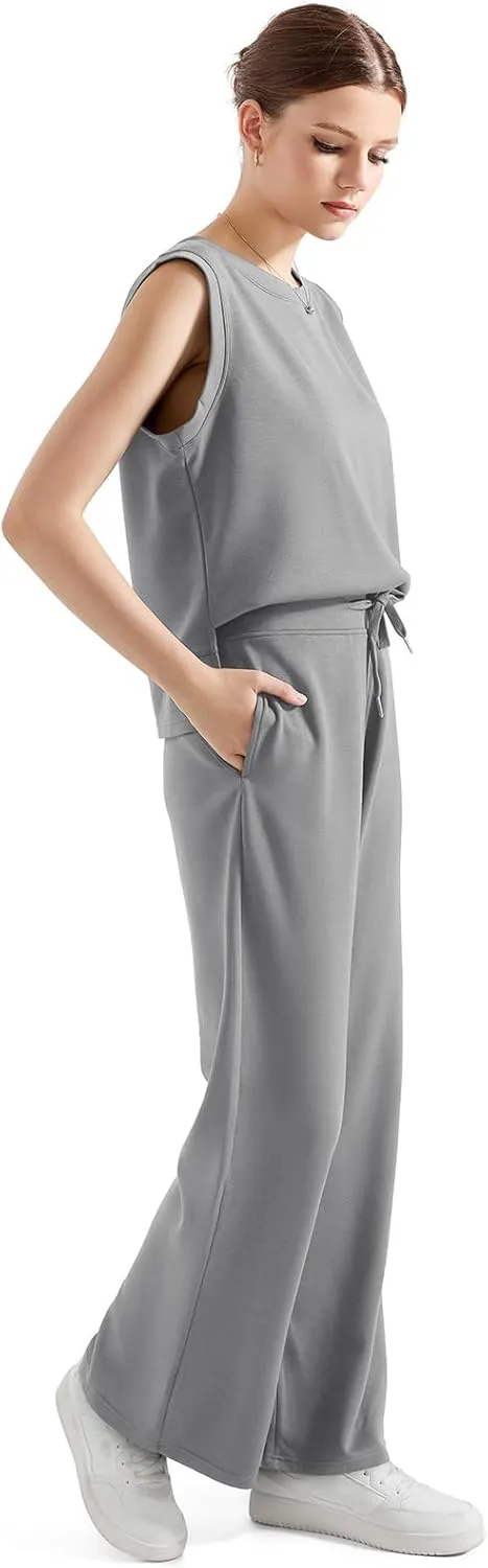 SUUKSESS Women 2 Piece Lounge Matching Sets Wide Leg Sweatpants Sleeveless Tops
