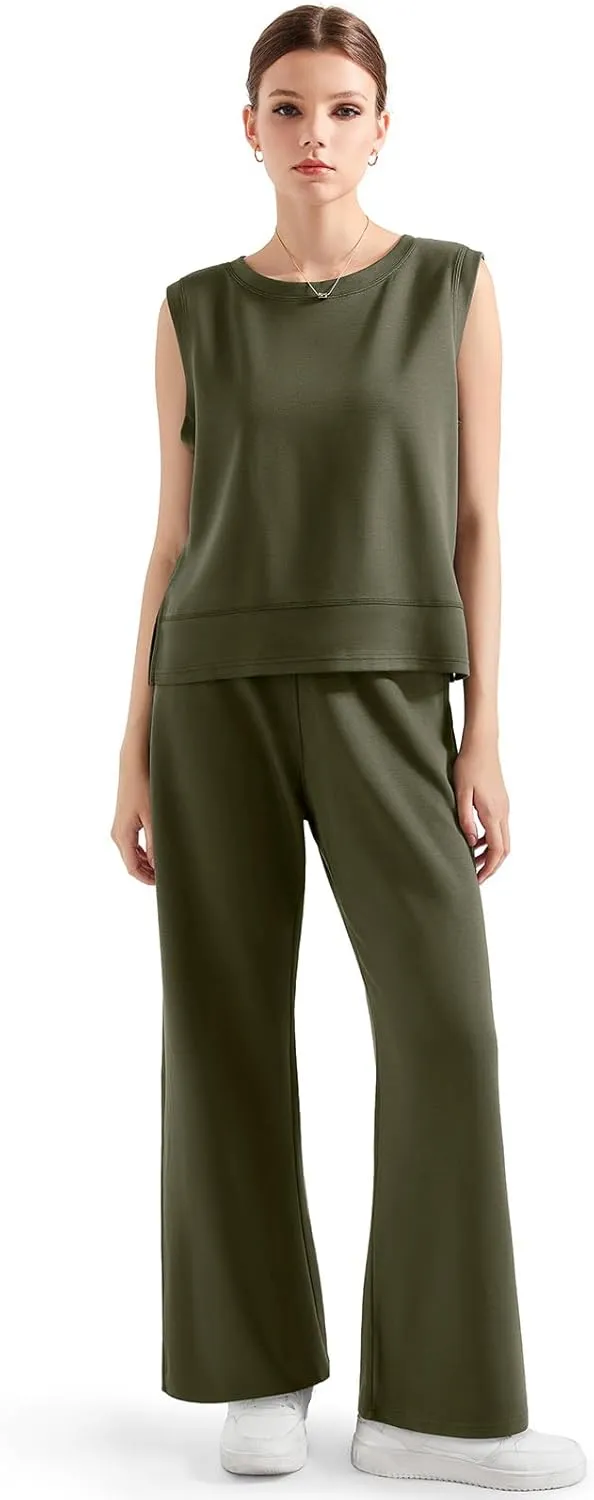 SUUKSESS Women 2 Piece Lounge Matching Sets Wide Leg Sweatpants Sleeveless Tops
