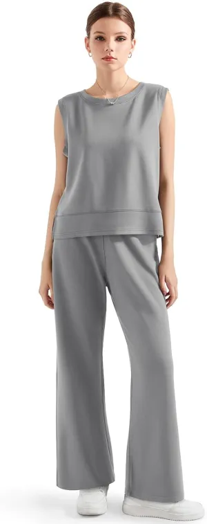 SUUKSESS Women 2 Piece Lounge Matching Sets Wide Leg Sweatpants Sleeveless Tops