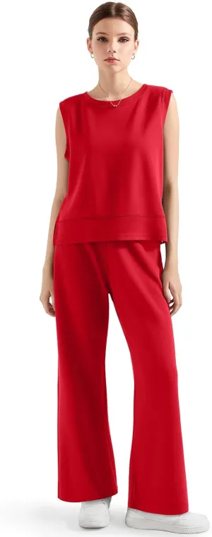 SUUKSESS Women 2 Piece Lounge Matching Sets Wide Leg Sweatpants Sleeveless Tops