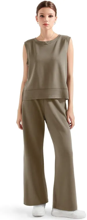 SUUKSESS Women 2 Piece Lounge Matching Sets Wide Leg Sweatpants Sleeveless Tops