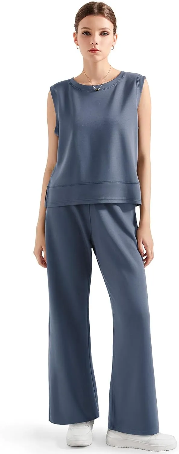 SUUKSESS Women 2 Piece Lounge Matching Sets Wide Leg Sweatpants Sleeveless Tops