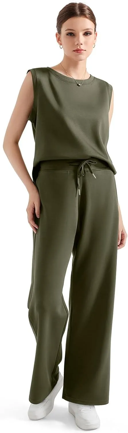 SUUKSESS Women 2 Piece Lounge Matching Sets Wide Leg Sweatpants Sleeveless Tops