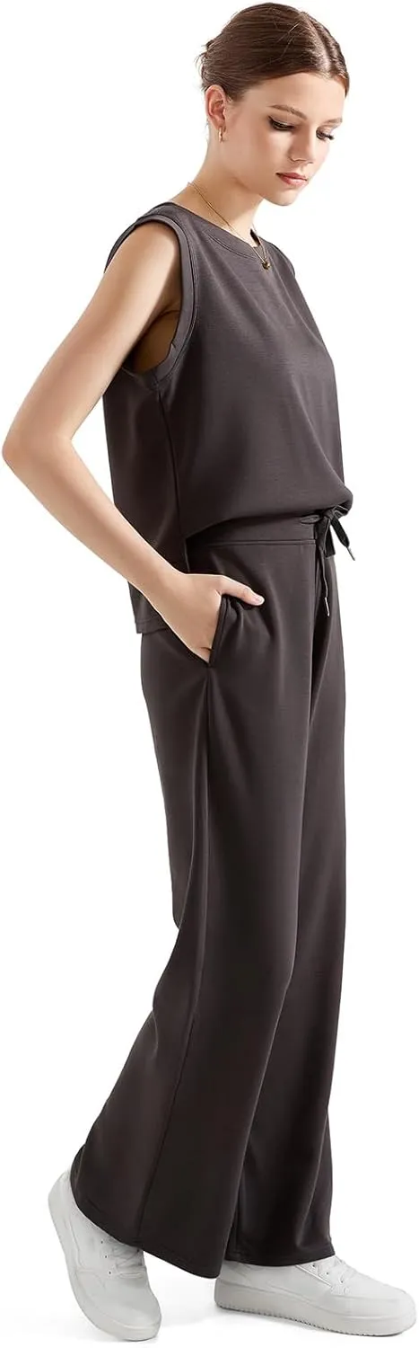 SUUKSESS Women 2 Piece Lounge Matching Sets Wide Leg Sweatpants Sleeveless Tops