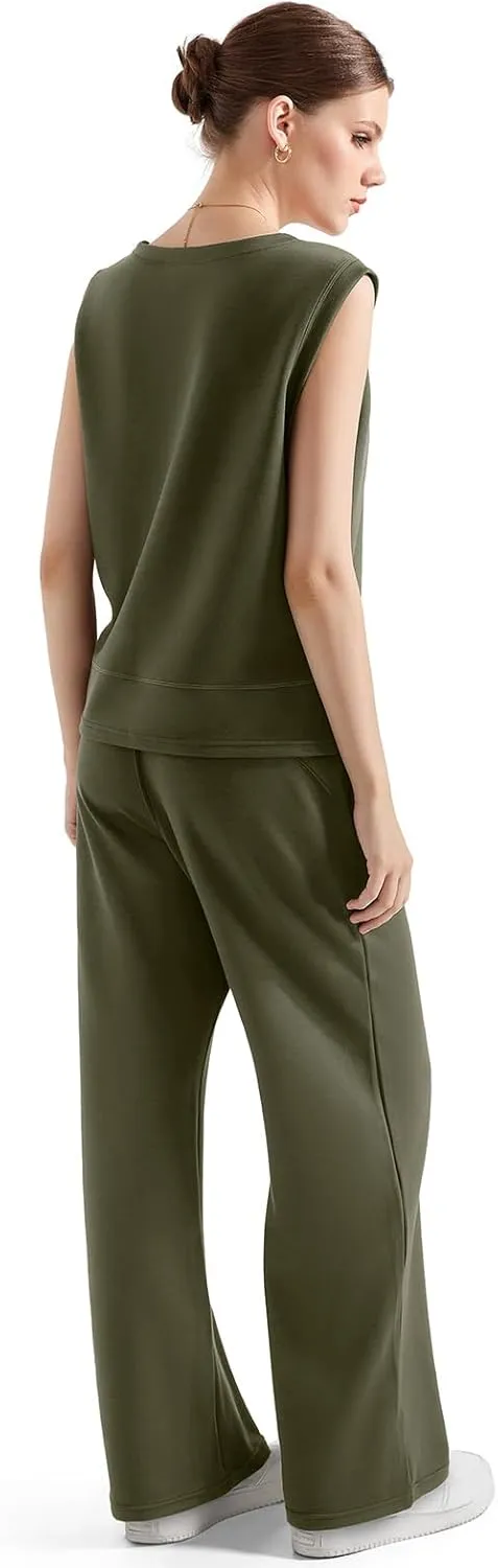 SUUKSESS Women 2 Piece Lounge Matching Sets Wide Leg Sweatpants Sleeveless Tops