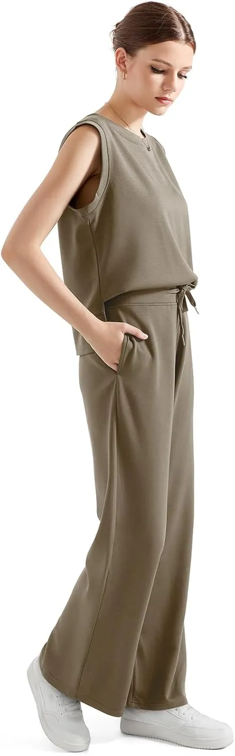 SUUKSESS Women 2 Piece Lounge Matching Sets Wide Leg Sweatpants Sleeveless Tops
